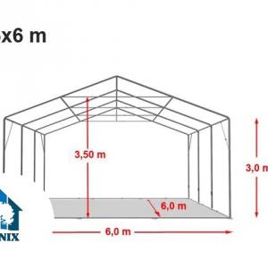 Professzionális PVC ponyvacsarnok raktársátor, ipari sátor 6×6 m, 36 m², 3,00 m oldalmagassággal, két cipzáras kapuval és teljesen horganyzott acélvázzal – szürke
