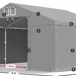 Professzionális raktársátor 4 × 4 m, horganyzott acélcsövekkel, erős PVC szürke ponyvával  két  bejárattal