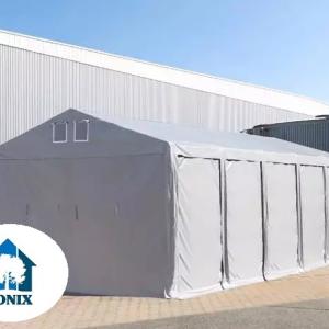 Professzionális raktársátor 4x10 m oldalmagasság 3,00m standard bejárat,  ponyva PVC  szürke
