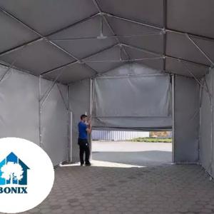 Professzionális raktársátor 5x10 m oldalmagasság 3,00 m felhúzható kapuval  ponyva PVC szürke