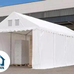 Professzionális raktársátor 6 × 10 m, 60 m² alapterülettel, 2,60 m oldalmagassággal, megerősített, horganyzott acélszerkezettel, padlókerettel, két cipzáras bejárattal fehér, lángálló PVC ponyvával