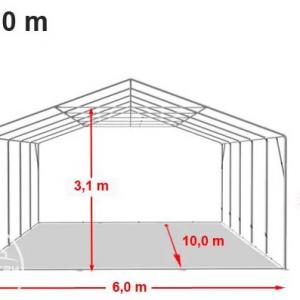 Professzionális raktársátor 6 × 10 m, 60 m² alapterülettel, 2,60 m oldalmagassággal, megerősített, horganyzott acélszerkezettel, padlókerettel, két cipzáras bejárattal fehér, lángálló PVC ponyvával