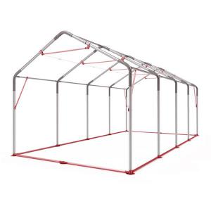 Professzionális raktársátor 6 × 10 m, 60 m² alapterülettel, 2,60 m oldalmagassággal, megerősített, horganyzott acélszerkezettel, padlókerettel, két cipzáras bejárattal fehér PVC ponyvával