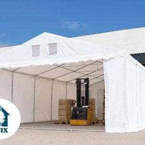 Professzionális raktársátor 6 × 10 m, 60 m² alapterülettel, 2,60 m oldalmagassággal, megerősített, horganyzott acélszerkezettel, padlókerettel, két cipzáras bejárattal fehér PVC ponyvával