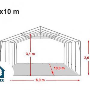 Professzionális raktársátor 6 × 10 m, 60 m² alapterülettel, 2,60 m oldalmagassággal, megerősített, horganyzott acélszerkezettel, padlókerettel, két cipzáras bejárattal fehér PVC ponyvával