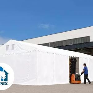 Professzionális raktársátor 6 × 16 m, 96 m² alapterülettel, 2,60 m oldalmagassággal, horganyzott acélszerkezettel, stabil padlókerettel, két cipzáras bejárattal fehér, lángálló PVC ponyvával