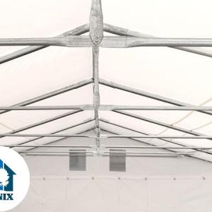 Professzionális raktársátor 6 × 16 m, 96 m² alapterülettel, 2,60 m oldalmagassággal, horganyzott acélszerkezettel, stabil padlókerettel, két cipzáras bejárattal fehér, lángálló PVC ponyvával