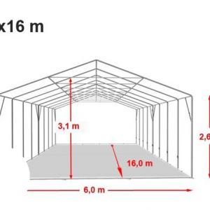 Professzionális raktársátor 6 × 16 m, 96 m² alapterülettel, 2,60 m oldalmagassággal, horganyzott acélszerkezettel, stabil padlókerettel, két cipzáras bejárattal fehér, lángálló PVC ponyvával