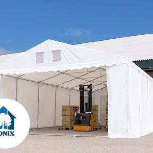 Professzionális raktársátor  6 × 18 m, 108 m² alapterülettel, 2,60 m oldalmagassággal, megerősített, horganyzott acélszerkezettel, stabil padlókerettel, két cipzáras bejárattal PVC ponyvával