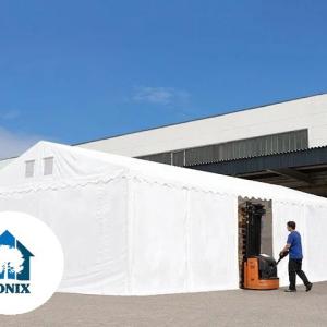 Professzionális raktársátor  6 × 18 m, 108 m² alapterülettel, 2,60 m oldalmagassággal, megerősített, horganyzott acélszerkezettel, stabil padlókerettel, két cipzáras bejárattal PVC ponyvával