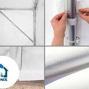 Professzionális raktársátor  6 × 18 m, 108 m² alapterülettel, 2,60 m oldalmagassággal, megerősített, horganyzott acélszerkezettel, stabil padlókerettel, két cipzáras bejárattal PVC ponyvával