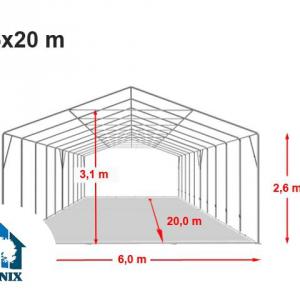 Professzionális raktársátor  6 × 20 m, 120 m² alapterülettel, 2,60 m oldalmagassággal, megerősített, horganyzott acélszerkezettel, padlókerettel, két cipzáras bejárattal fehér, lángálló PVC ponyvával