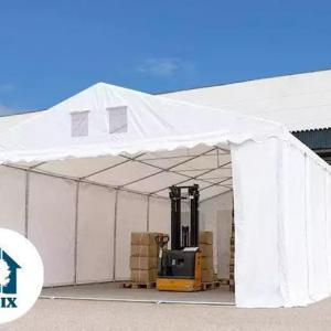 Professzionális raktársátor  6 × 20 m, 120 m² alapterülettel, 2,60 m oldalmagassággal, megerősített, horganyzott acélszerkezettel, padlókerettel, két cipzáras bejárattal fehér, lángálló PVC ponyvával