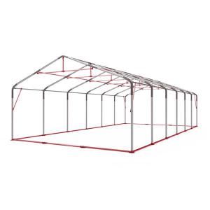 Professzionális raktársátor  6 × 20 m, 120 m² alapterülettel, 2,60 m oldalmagassággal, megerősített, horganyzott acélszerkezettel, padlókerettel, két cipzáras bejárattal fehér, lángálló PVC ponyvával
