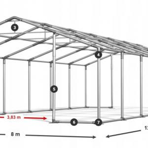 Professzionális raktársátor 8 × 12 m – 96 m², PVC ponyvával, Ø 50 mm-es, kb. 1,6 mm falvastagságú megerősített horganyzott acélvázzal és két nagyméretű bejárattal