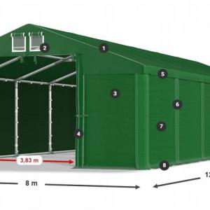 Professzionális raktársátor 8 × 12 m – 96 m², PVC ponyvával, Ø 50 mm-es, kb. 1,6 mm falvastagságú megerősített horganyzott acélvázzal és két nagyméretű bejárattal