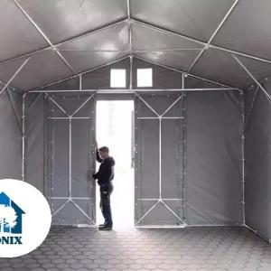 Professzionális raktársátor 8x12 m  oldalmagasság 3,00 m tolókapuval ponyva PVC szürke