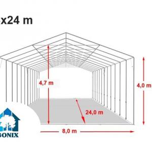 Professzionális raktársátor 8x24m oldalmagasság 4,00m standard bejárat, ponyva PVC szürke