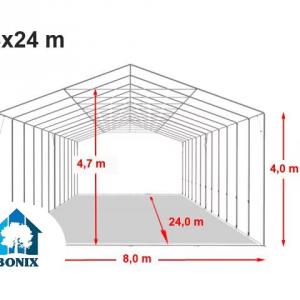Professzionális raktársátor 8x24m  oldalmagasság 4,00m toló kapuval, tetőablakkal ponyva PVC szürke