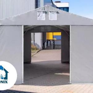 Professzionális raktársátor 8x8 m oldalmagasság 3,00 m tolókapuval ponyva PVC  szürke