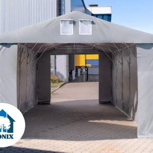 Professzionális raktársátor 8x8 m oldalmagasság 3,00m standard kapuval,  ponyva PVC szürke