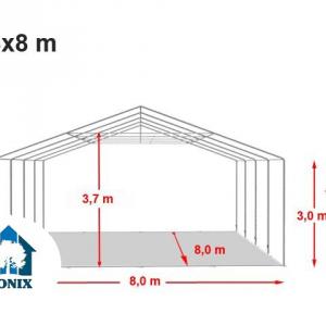 Professzionális raktársátor 8x8 m oldalmagasság 3,00m standard kapuval,  ponyva PVC szürke