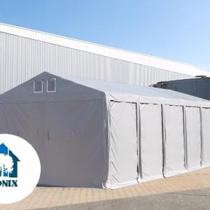 Professzionális raktársátor és ipari sátor 8 × 16 m, 128 m² alapterülettel, 4,00 m oldalmagassággal, horganyzott acélvázzal, két standard cipzáras bejárattal, szürke PVC ponyvával