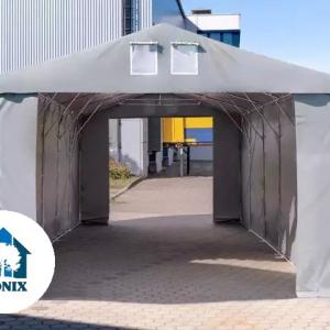Professzionális raktársátor és ipari sátor 8 × 16 m, 128 m² alapterülettel, 4,00 m oldalmagassággal, horganyzott acélvázzal, két standard cipzáras bejárattal, szürke PVC ponyvával