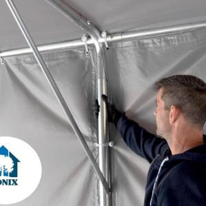 Professzionális raktársátor és ipari sátor 8 × 16 m, 128 m² alapterülettel, 4,00 m oldalmagassággal, horganyzott acélvázzal, két standard cipzáras bejárattal, szürke PVC ponyvával