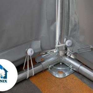 Professzionális raktársátor és ipari sátor 8 × 16 m, 128 m² alapterülettel, 4,00 m oldalmagassággal, horganyzott acélvázzal, két standard cipzáras bejárattal, szürke PVC ponyvával