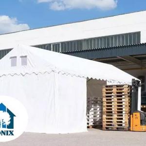 Professzionális raktársátor és tárolósátor 5 × 10 m, 50 m², 2,60 m oldalmagassággal, megerősített horganyzott acélvázzal, padlókerettel, két cipzáras bejárattal  PVC ponyvával