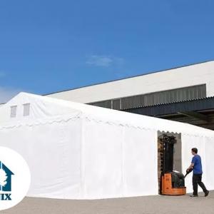 Professzionális raktársátor és tárolósátor 5 × 8 m, 40 m² alapterülettel, 2,60 m oldalmagassággal, megerősített, horganyzott acélszerkezettel,  padlókerettel, két cipzáras bejárattal és PVC ponyvával