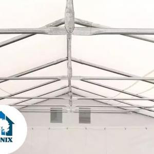Professzionális raktársátor és tárolósátor 5 × 8 m, 40 m² alapterülettel, 2,60 m oldalmagassággal, megerősített, horganyzott acélszerkezettel,  padlókerettel, két cipzáras bejárattal és PVC ponyvával