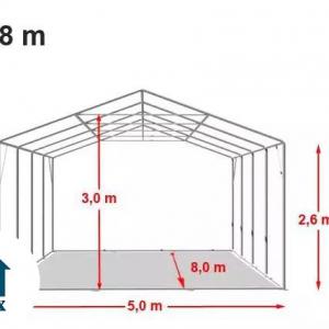 Professzionális raktársátor és tárolósátor 5 × 8 m, 40 m² alapterülettel, 2,60 m oldalmagassággal, megerősített, horganyzott acélszerkezettel,  padlókerettel, két cipzáras bejárattal és PVC ponyvával