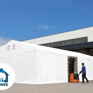 Professzionális raktársátor és tárolósátor 6 × 12 m, 72 m² alapterülettel, 2,60 m oldalmagassággal, megerősített, horganyzott acélszerkezettel, két cipzáras bejárattal és fehér, lángálló PVC ponyvával