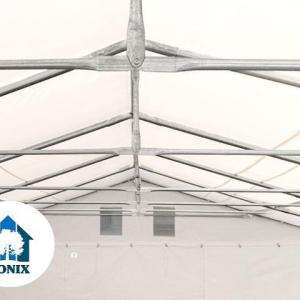 Professzionális raktársátor és tárolósátor 6 × 12 m, 72 m² alapterülettel, 2,60 m oldalmagassággal, megerősített, horganyzott acélszerkezettel, két cipzáras bejárattal és fehér, lángálló PVC ponyvával