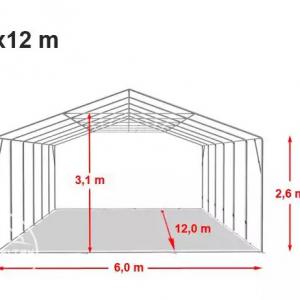 Professzionális raktársátor és tárolósátor 6 × 12 m, 72 m² alapterülettel, 2,60 m oldalmagassággal, megerősített, horganyzott acélszerkezettel, két cipzáras bejárattal és fehér, lángálló PVC ponyvával