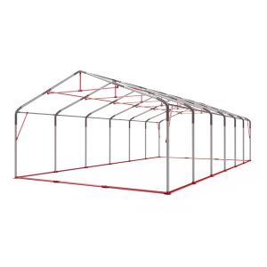 Professzionális raktársátor és tárolósátor 6 × 12 m, 72 m² alapterülettel, 2,60 m oldalmagassággal, megerősített, horganyzott acélszerkezettel, két cipzáras bejárattal és fehér, lángálló PVC ponyvával