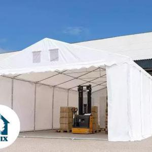 Professzionális raktársátor és tárolósátor 6 × 12 m, 72 m² alapterülettel, 2,60 m oldalmagassággal, megerősített, horganyzott acélszerkezettel, két cipzáras bejárattal fehér, lángálló PVC ponyvával