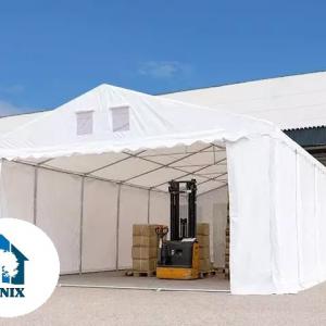Professzionális raktársátor és tárolósátor 6 × 18 m, 108 m² alapterülettel, 2,60 m oldalmagassággal, megerősített, horganyzott acélszerkezettel, két cipzáras bejárattal fehér, lángálló PVC ponyvával