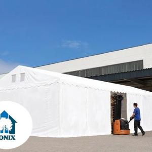 Professzionális raktársátor és tárolósátor 6 × 18 m, 108 m² alapterülettel, 2,60 m oldalmagassággal, megerősített, horganyzott acélszerkezettel, két cipzáras bejárattal fehér, lángálló PVC ponyvával