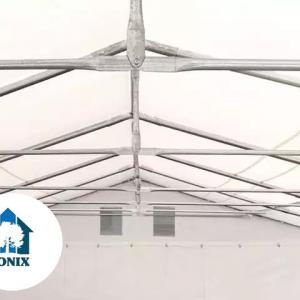 Professzionális raktársátor és tárolósátor 6 × 18 m, 108 m² alapterülettel, 2,60 m oldalmagassággal, megerősített, horganyzott acélszerkezettel, két cipzáras bejárattal fehér, lángálló PVC ponyvával