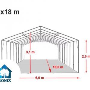 Professzionális raktársátor és tárolósátor 6 × 18 m, 108 m² alapterülettel, 2,60 m oldalmagassággal, megerősített, horganyzott acélszerkezettel, két cipzáras bejárattal fehér, lángálló PVC ponyvával