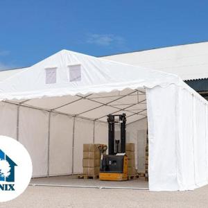 Professzionális raktársátor és tárolósátor 6 × 8 m, 48 m² alapterülettel, 2,60 m oldalmagassággal, horganyzott acélszerkezettel, padlókerettel, két cipzáras bejárattal  fehér, lángálló PVC ponyvával