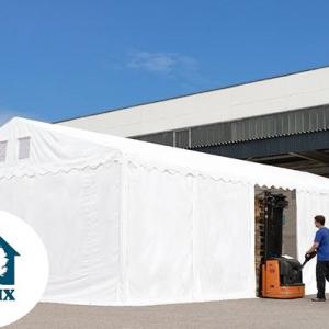 Professzionális raktársátor és tárolósátor 6 × 8 m, 48 m² alapterülettel, 2,60 m oldalmagassággal, horganyzott acélszerkezettel, padlókerettel, két cipzáras bejárattal  fehér, lángálló PVC ponyvával
