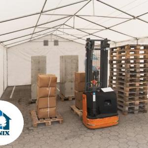 Professzionális raktársátor és tárolósátor 6 × 8 m, 48 m² alapterülettel, 2,60 m oldalmagassággal, horganyzott acélszerkezettel, padlókerettel, két cipzáras bejárattal  fehér, lángálló PVC ponyvával