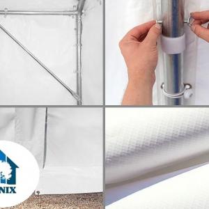 Professzionális raktársátor és tárolósátor 6 × 8 m, 48 m² alapterülettel, 2,60 m oldalmagassággal, horganyzott acélszerkezettel, padlókerettel, két cipzáras bejárattal  fehér, lángálló PVC ponyvával