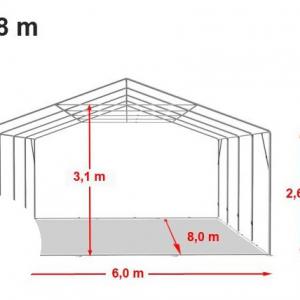 Professzionális raktársátor és tárolósátor 6 × 8 m, 48 m² alapterülettel, 2,60 m oldalmagassággal, horganyzott acélszerkezettel, padlókerettel, két cipzáras bejárattal  fehér, lángálló PVC ponyvával
