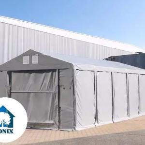 Professzionális raktársátor ipari sátor 6 × 12 m, 72 m² alapterülettel, 4,00 m oldalmagassággal, felhúzható kapuval, személyi bejárattal, szürke PVC ponyvával