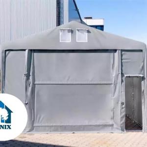 Professzionális raktársátor ipari sátor 6 × 12 m, 72 m² alapterülettel, 4,00 m oldalmagassággal, felhúzható kapuval, személyi bejárattal, szürke PVC ponyvával
